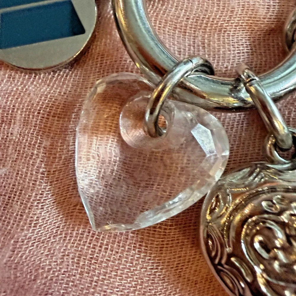 Vintage Kathy Van Zeeland Charm Keychain Silver Tone Heart Crystal 6” Long